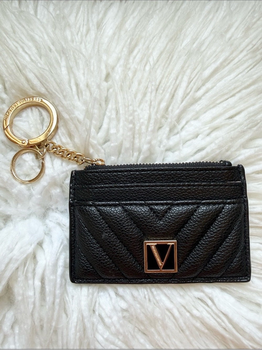 Black Quilted Leather Card Holder Key Chain